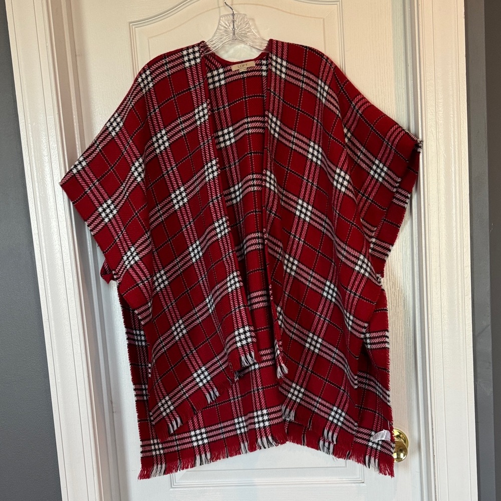 NWOT - LOFT Red, White and Black Plaid Fringe Wrap